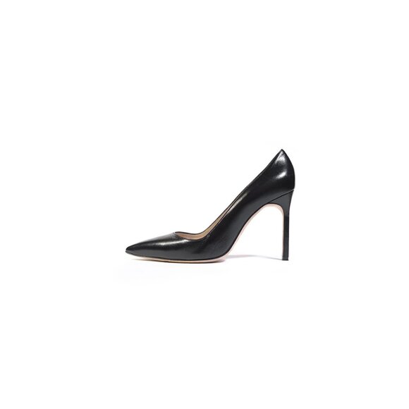 MANOLO BLAHNIK BB 37.5 Black Pointed Toe Calf Leather Pumps 4" Heel - Picture 1 of 7